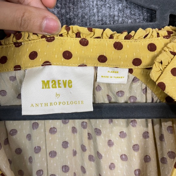 Maeve by Anthropologie Yellow Polka Dot Ruffle Neck V-Neck Blouse Top XLarge - Picture 8 of 10